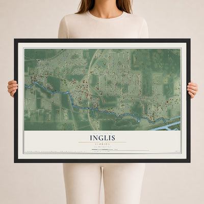 Inglis, Florida map print, 24" x 36" W/ Black Ayous Wood Frame mockup
