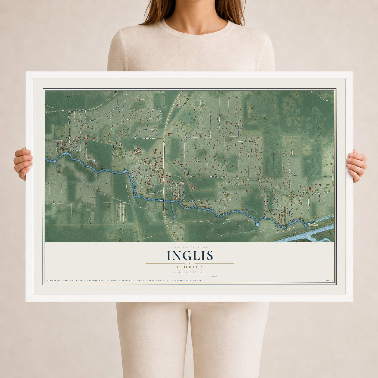 Inglis, Florida map print, 24" x 36" W/ White Ayous Wood Frame mockup