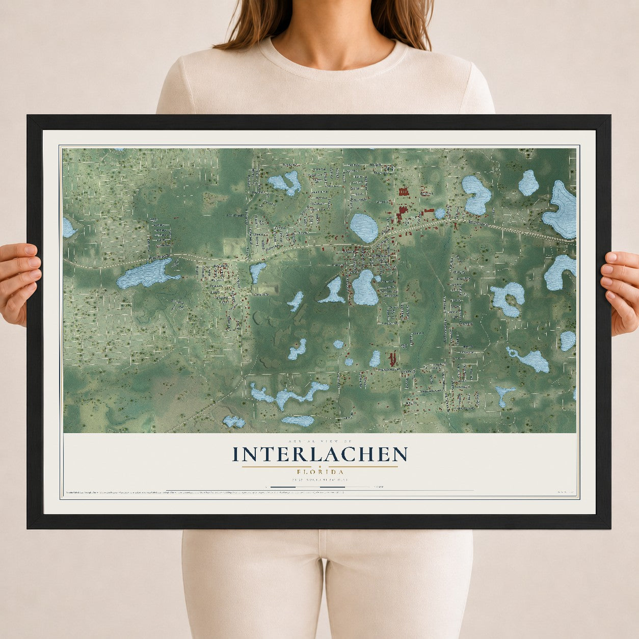 Interlachen, Florida map print, 18" x 24" W/ Black Ayous Wood Frame mockup