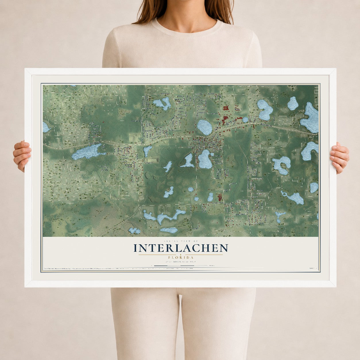 Interlachen, Florida map print, 24" x 36" W/ White Ayous Wood Frame mockup