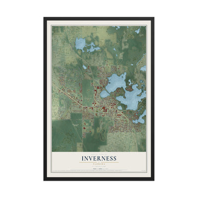 Inverness, Florida map print, 12" x 18" W/ Black Ayous Wood Frame mockup