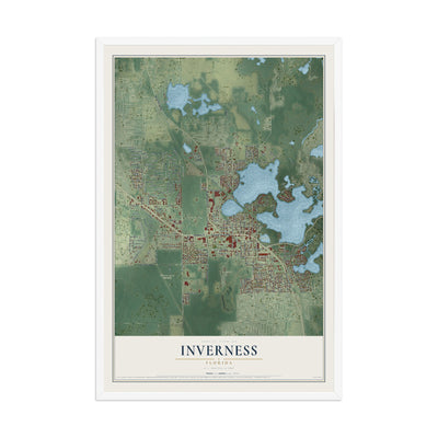 Inverness, Florida map print, 12" x 18" W/ White Ayous Wood Frame mockup
