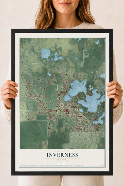 Inverness, Florida map print, 18" x 24" W/ Black Ayous Wood Frame mockup