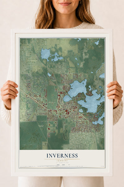 Inverness, Florida map print, 18" x 24" W/ White Ayous Wood Frame mockup