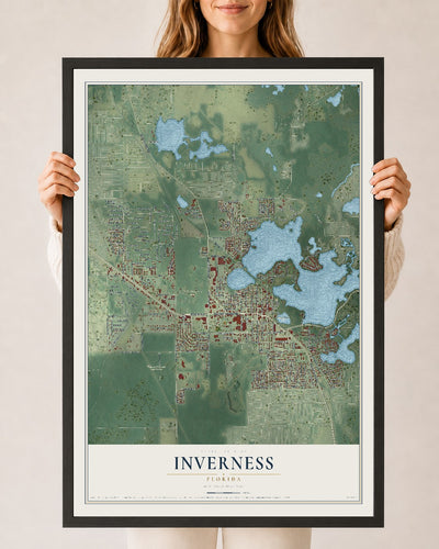 Inverness, Florida map print, 24" x 36" W/ Black Ayous Wood Frame mockup