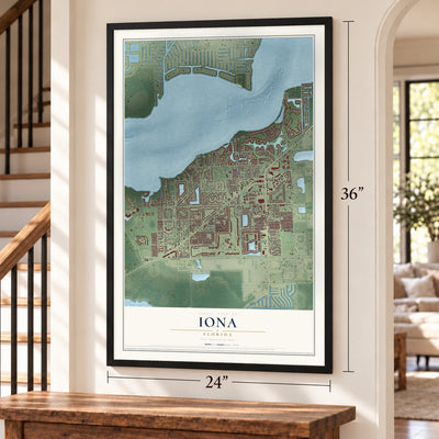 Iona, Florida map, 24 x 36 inch print in a black frame by a staircase