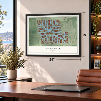 Island Walk, Florida map, 18 x 24 inch print in a black frame in a home office