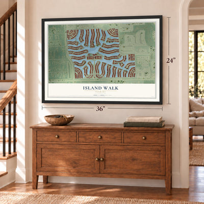 Island Walk, Florida map, 24 x 36 inch print in a black frame above a dresser by a staircase