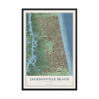 Jacksonville Beach, Florida map print, 12" x 18" W/ Black Ayous Wood Frame mockup