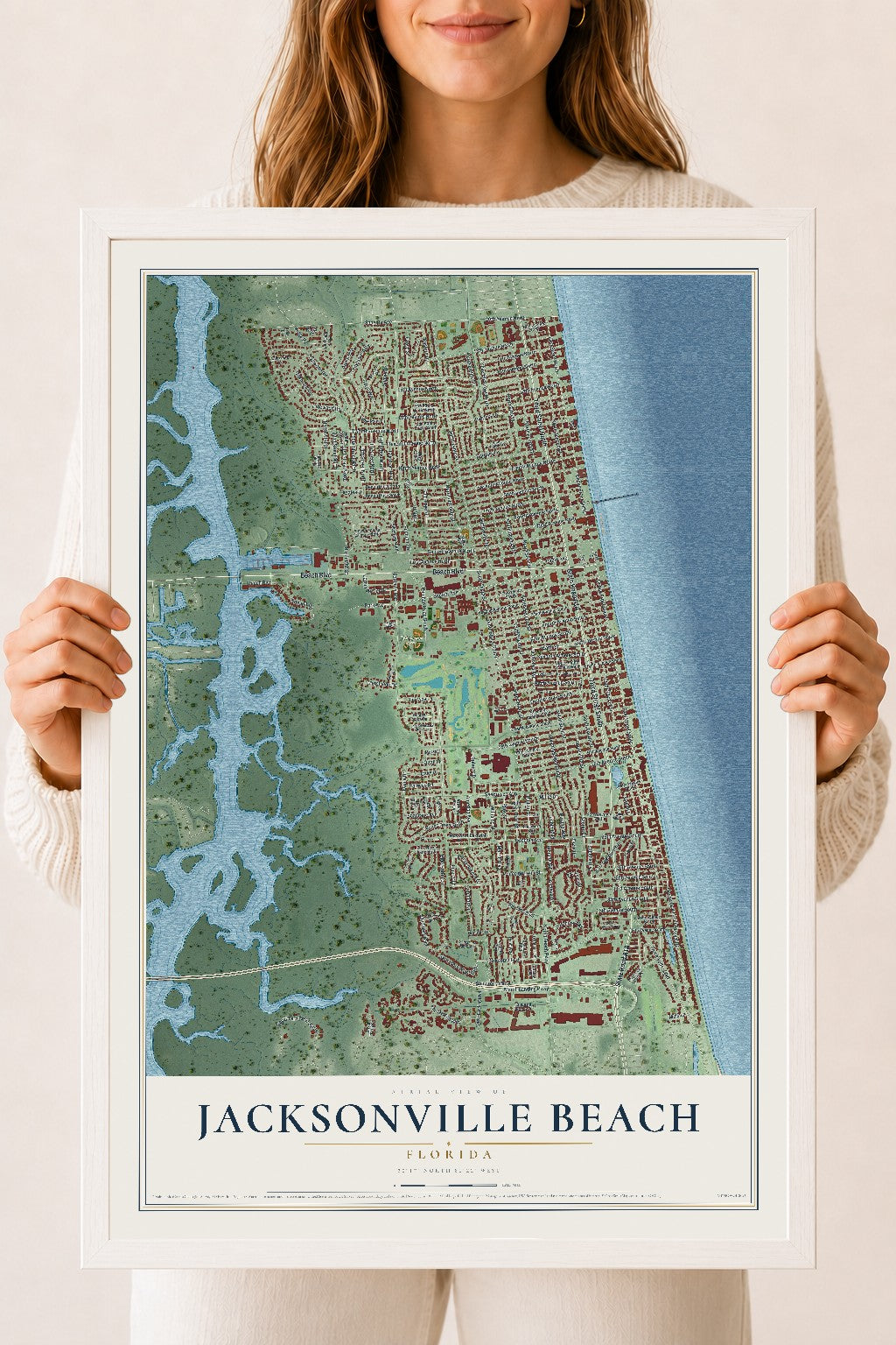 Jacksonville Beach, Florida map print, 18" x 24" W/ White Ayous Wood Frame mockup