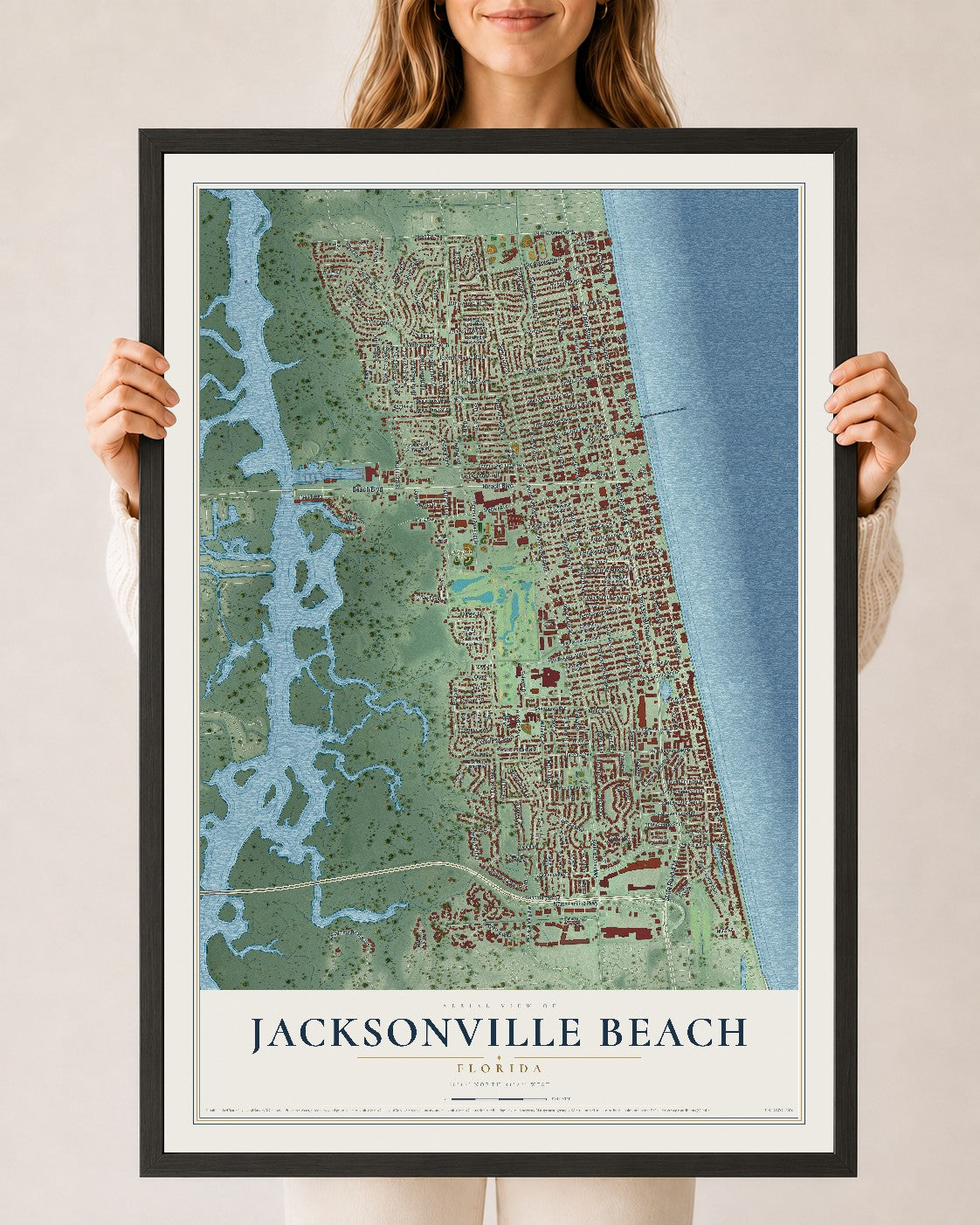 Jacksonville Beach, Florida map print, 24" x 36" W/ Black Ayous Wood Frame mockup