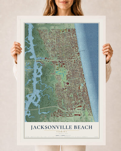 Jacksonville Beach, Florida map print, 24" x 36" W/ White Ayous Wood Frame mockup