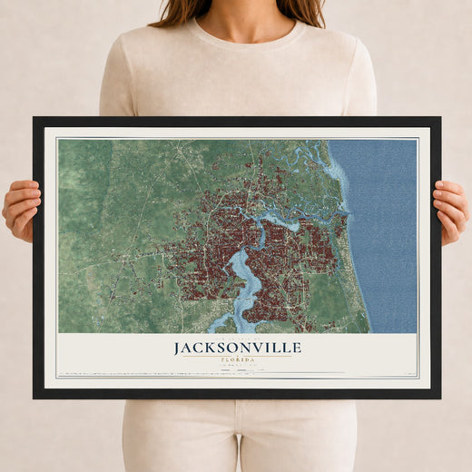 Map of Jacksonville, Florida, 12 x 18 inch print in a black wood frame
