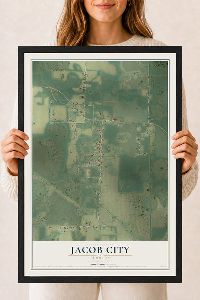 Jacob City, Florida map print, 18" x 24" W/ Black Ayous Wood Frame mockup