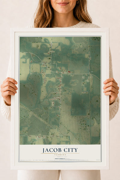 Jacob City, Florida map print, 18" x 24" W/ White Ayous Wood Frame mockup