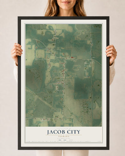 Jacob City, Florida map print, 24" x 36" W/ Black Ayous Wood Frame mockup