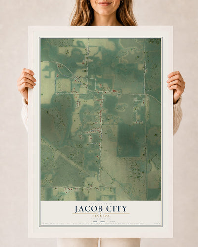 Jacob City, Florida map print, 24" x 36" W/ White Ayous Wood Frame mockup