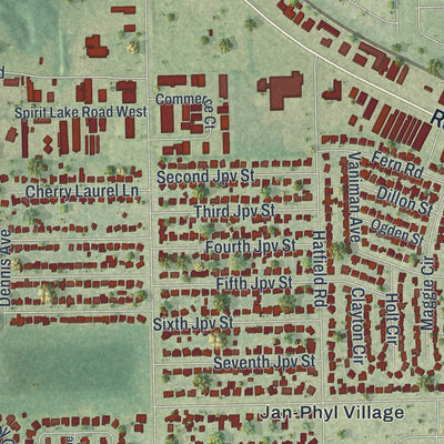Close-up of the map of Jan Phyl Village, Florida print showing street and building detail