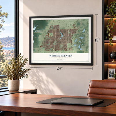 Jasmine Estates, Florida map, 18 x 24 inch print in a black frame in a home office