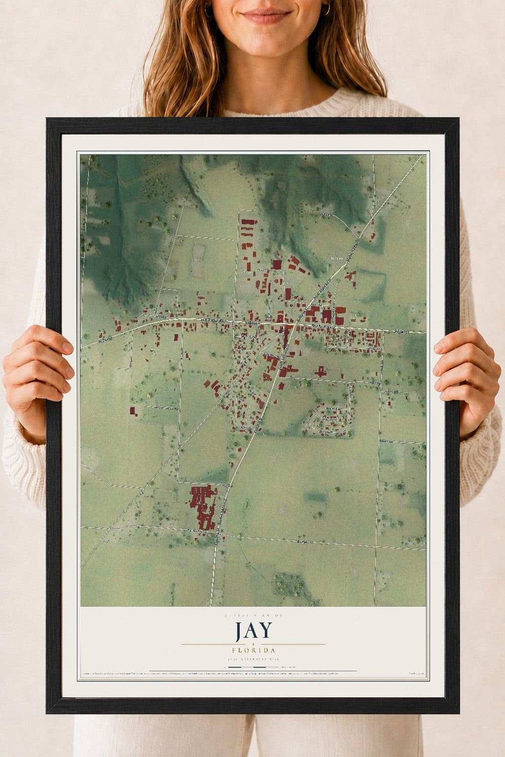 Jay, Florida map print, 18" x 24" W/ Black Ayous Wood Frame mockup