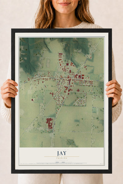 Jay, Florida map print, 18" x 24" W/ Black Ayous Wood Frame mockup