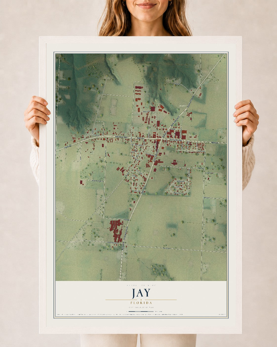 Jay, Florida map print, 24" x 36" W/ White Ayous Wood Frame mockup