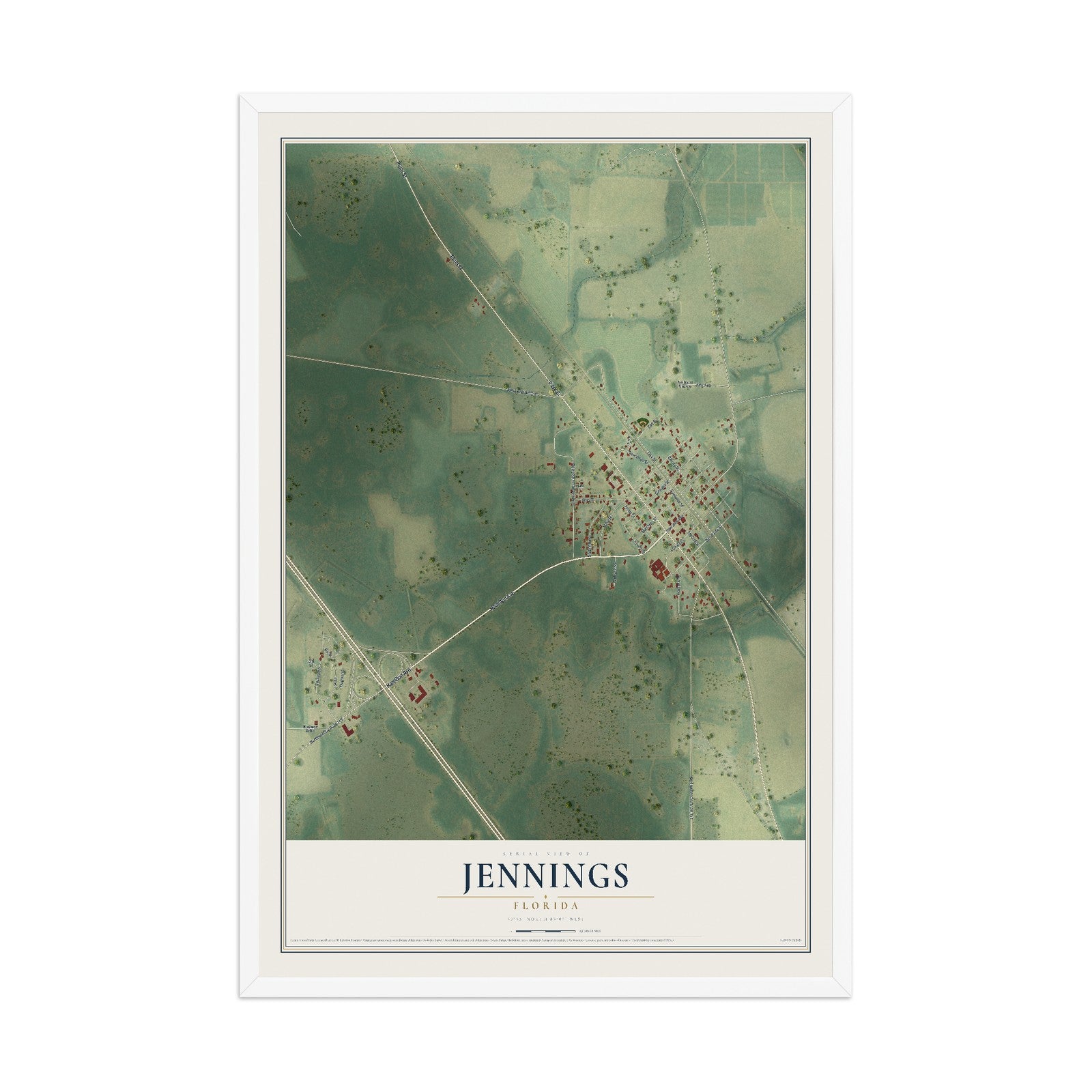 Jennings, Florida map print, 12" x 18" W/ White Ayous Wood Frame mockup