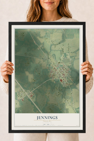 Jennings, Florida map print, 18" x 24" W/ Black Ayous Wood Frame mockup