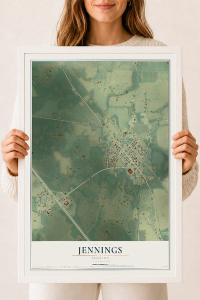Jennings, Florida map print, 18" x 24" W/ White Ayous Wood Frame mockup