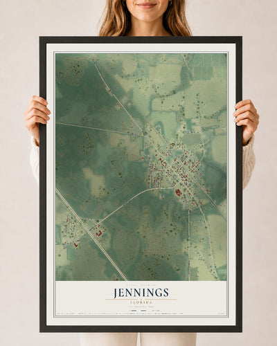 Jennings, Florida map print, 24" x 36" W/ Black Ayous Wood Frame mockup