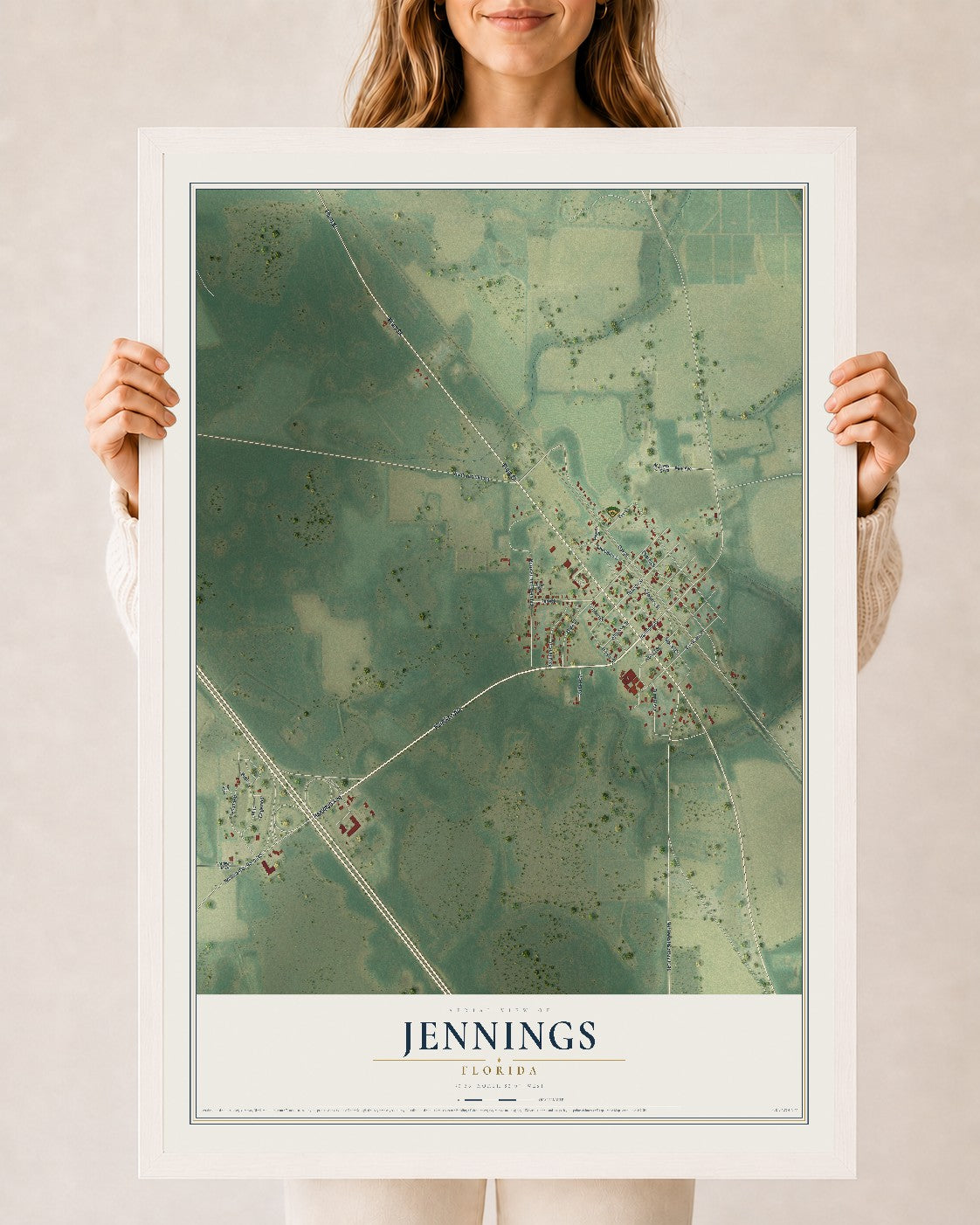 Jennings, Florida map print, 24" x 36" W/ White Ayous Wood Frame mockup