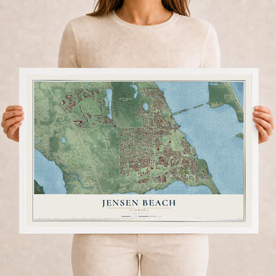Jensen Beach, Florida map print, 12" x 18" W/ White Ayous Wood Frame mockup