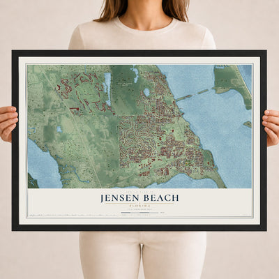 Jensen Beach, Florida map print, 18" x 24" W/ Black Ayous Wood Frame mockup