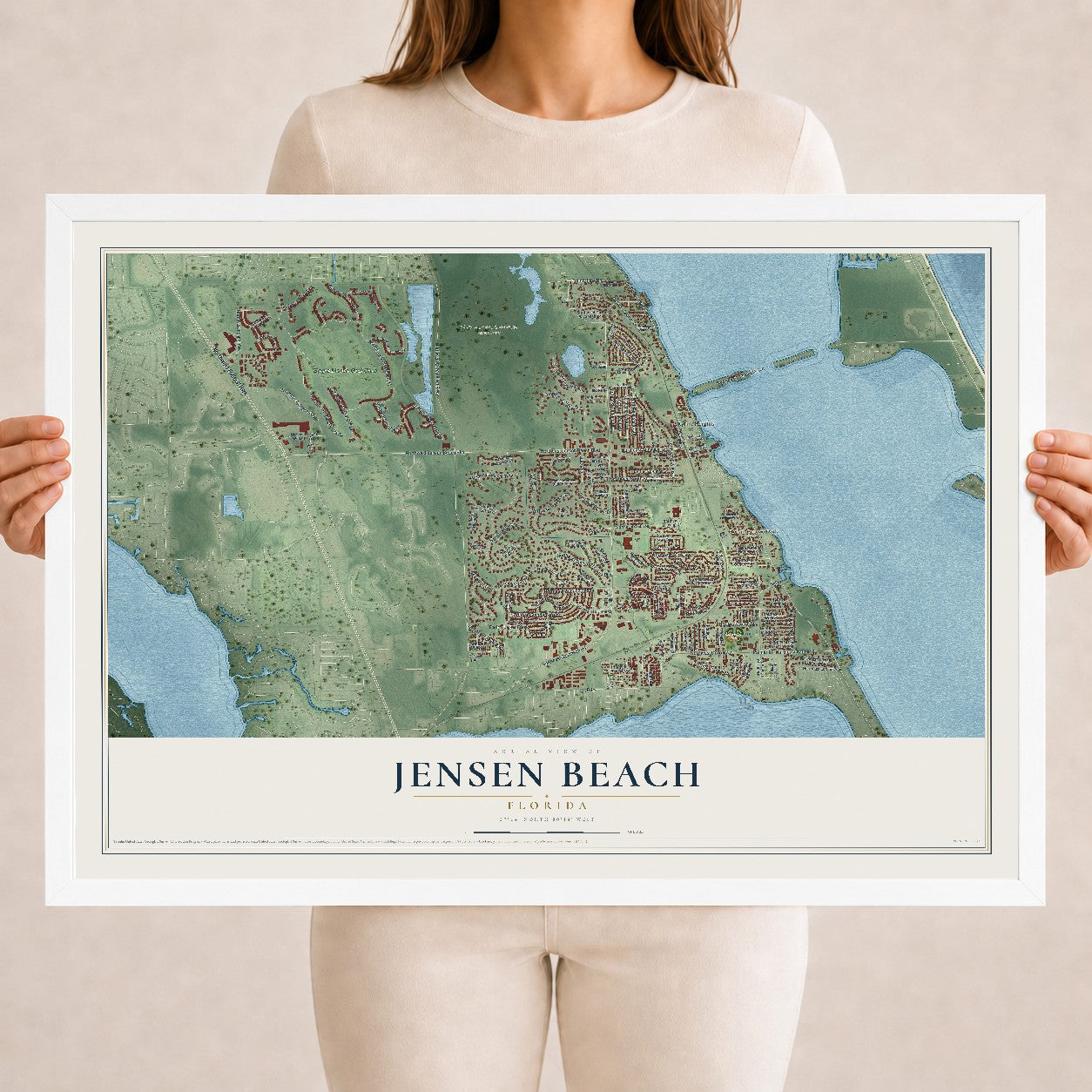 Jensen Beach, Florida map print, 18" x 24" W/ White Ayous Wood Frame mockup