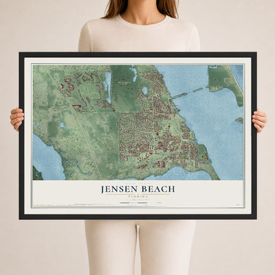Jensen Beach, Florida map print, 24" x 36" W/ Black Ayous Wood Frame mockup