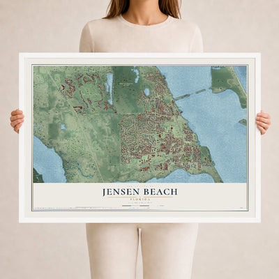 Jensen Beach, Florida map print, 24" x 36" W/ White Ayous Wood Frame mockup