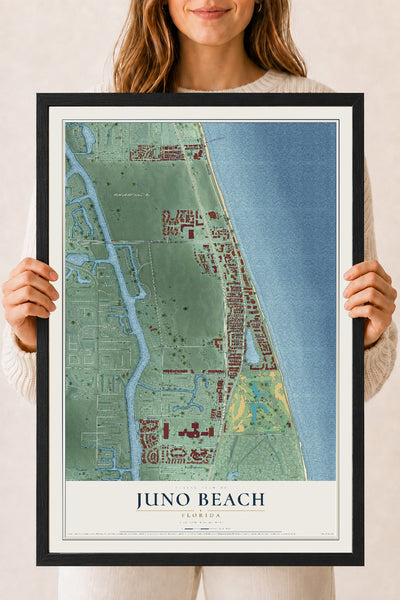 Juno Beach, Florida map print, 18" x 24" W/ Black Ayous Wood Frame mockup