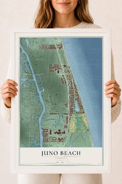 Juno Beach, Florida map print, 18" x 24" W/ White Ayous Wood Frame mockup