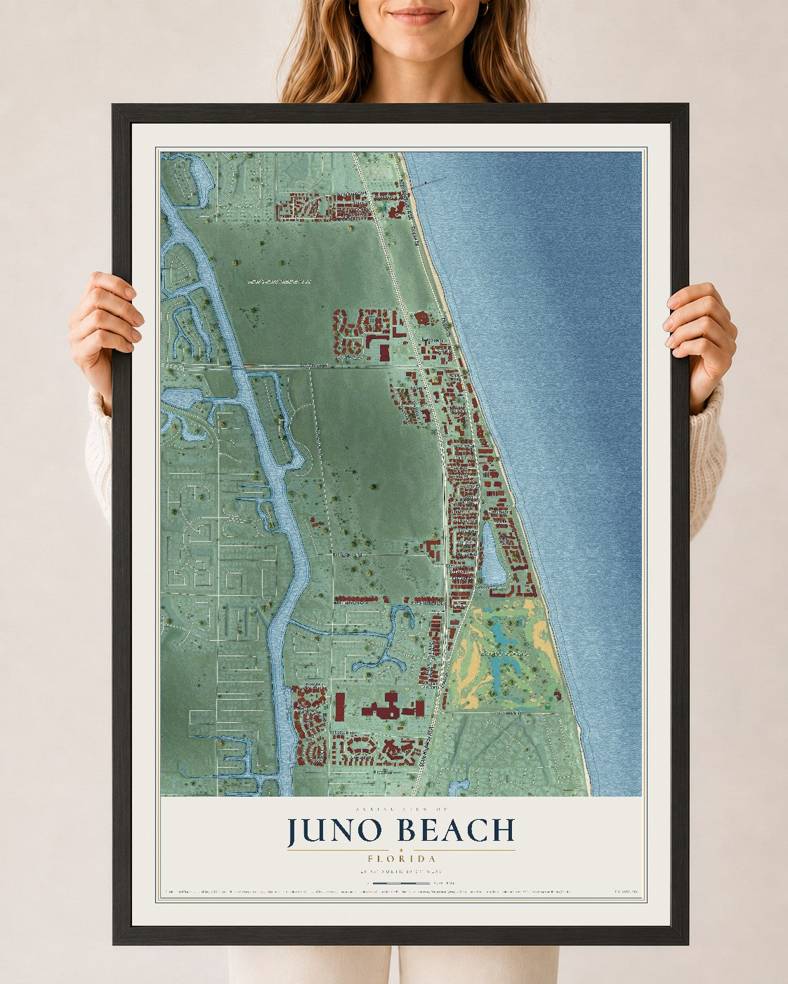 Juno Beach, Florida map print, 24" x 36" W/ Black Ayous Wood Frame mockup