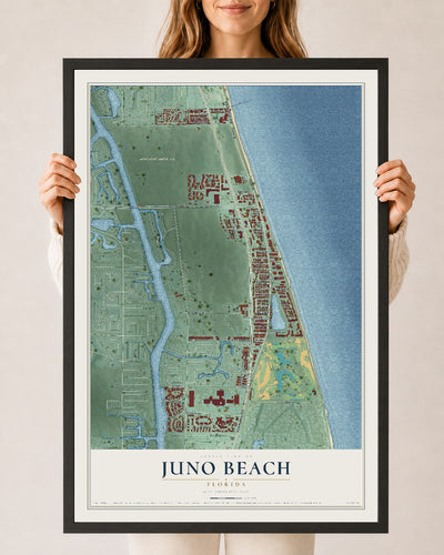 Juno Beach, Florida map print, 24" x 36" W/ Black Ayous Wood Frame mockup