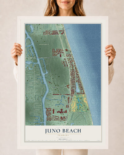 Juno Beach, Florida map print, 24" x 36" W/ White Ayous Wood Frame mockup