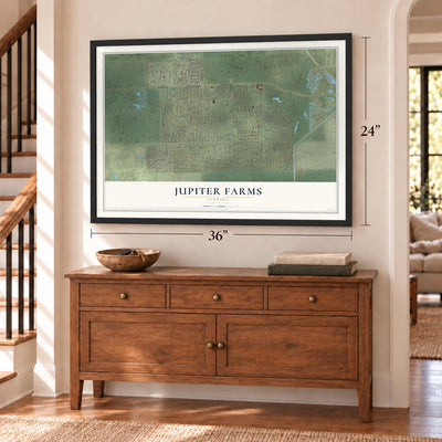 Jupiter Farms, Florida map, 24 x 36 inch print in a black frame above a dresser by a staircase