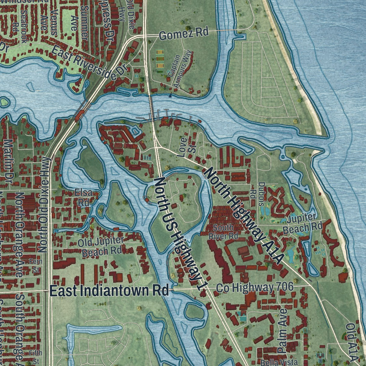 Close-up 2 of the Jupiter, Florida map artwork
