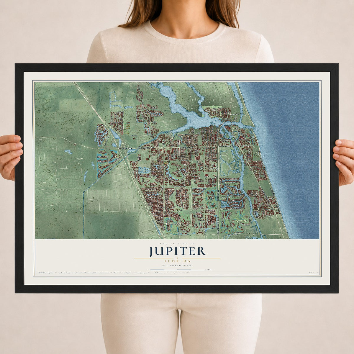Jupiter, Florida map print, 18" x 24" W/ Black Ayous Wood Frame mockup
