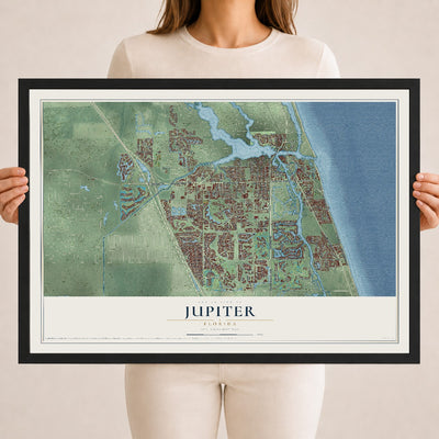 Jupiter, Florida map print, 18" x 24" W/ Black Ayous Wood Frame mockup