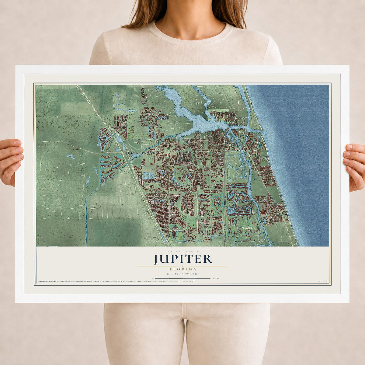Jupiter, Florida map print, 18" x 24" W/ White Ayous Wood Frame mockup