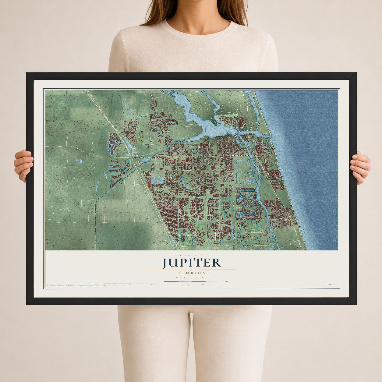 Jupiter, Florida map print, 24" x 36" W/ Black Ayous Wood Frame mockup