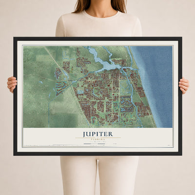 Jupiter, Florida map print, 24" x 36" W/ Black Ayous Wood Frame mockup