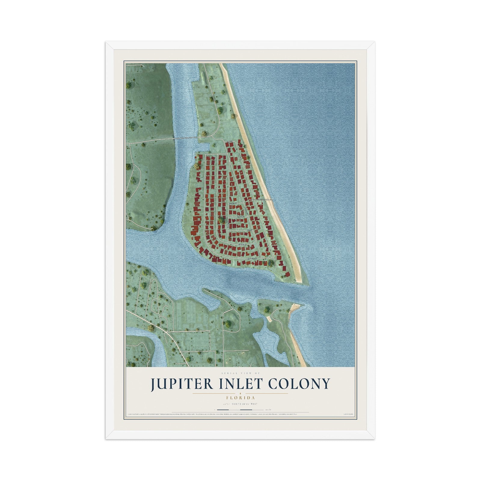 Jupiter Inlet Colony, Florida map print, 12" x 18" W/ White Ayous Wood Frame mockup