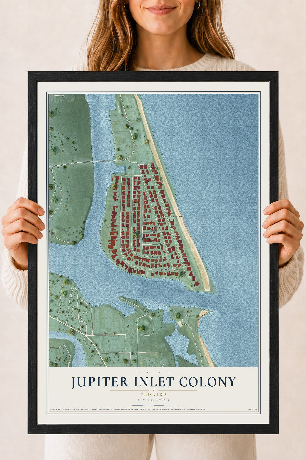 Jupiter Inlet Colony, Florida map print, 18" x 24" W/ Black Ayous Wood Frame mockup